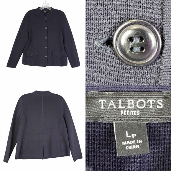 Talbots Blazer Women’s Size LP Large Petite Jacket Navy Blue Stretch Knit - Picture 1 of 7